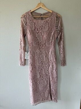 NWT Joyfolie Iman Dress in Nude Pink Lace Long-Sleeve Open-Back Dress Size S